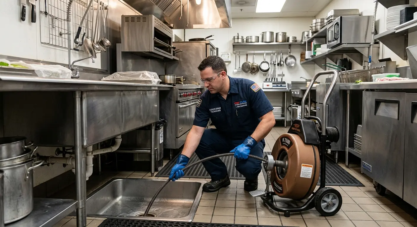 Commercial drain cleaning service in a restaurant kitchen in Bismarck