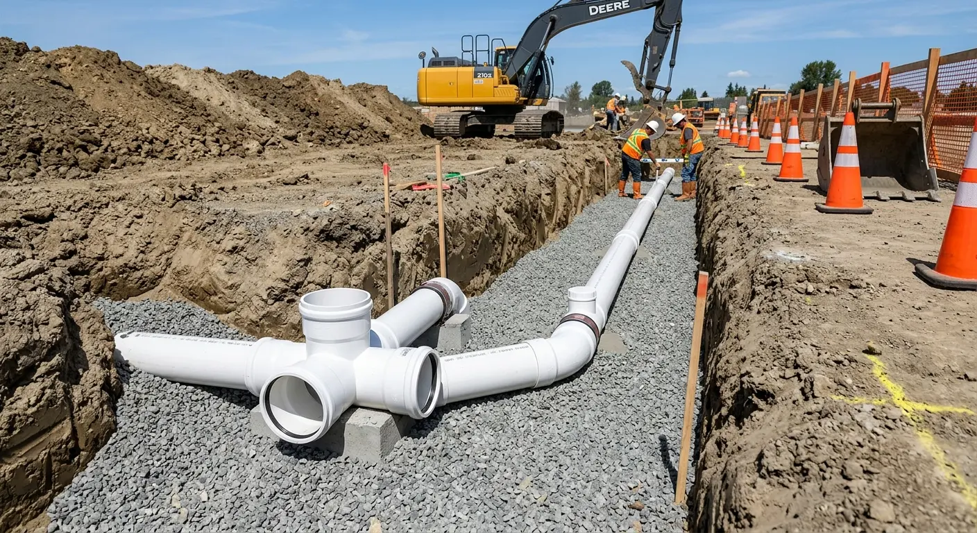 New PVC sewer pipe installation in open trench for Commercial Drain Cleaning in Bismarck